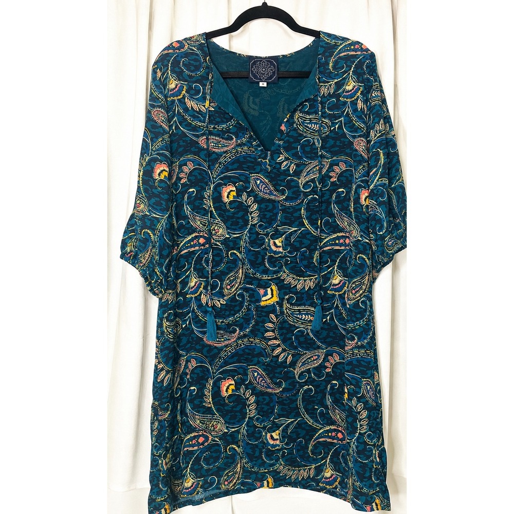 Johnny Was Jade Silk Tunic Dress S Teal Paisley Tassel Boho R32721-8
